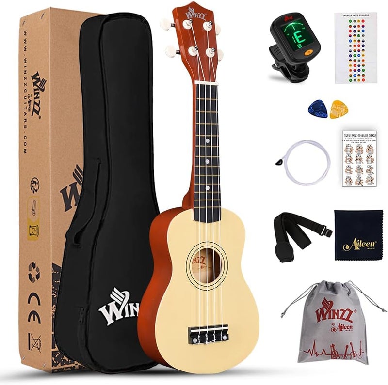 Winzz Ukulele for Kids 21 inch, Soprano Ukulele for Adults Beginner, Children Starter Kit with 9 Accessories (Natural) - Image 1